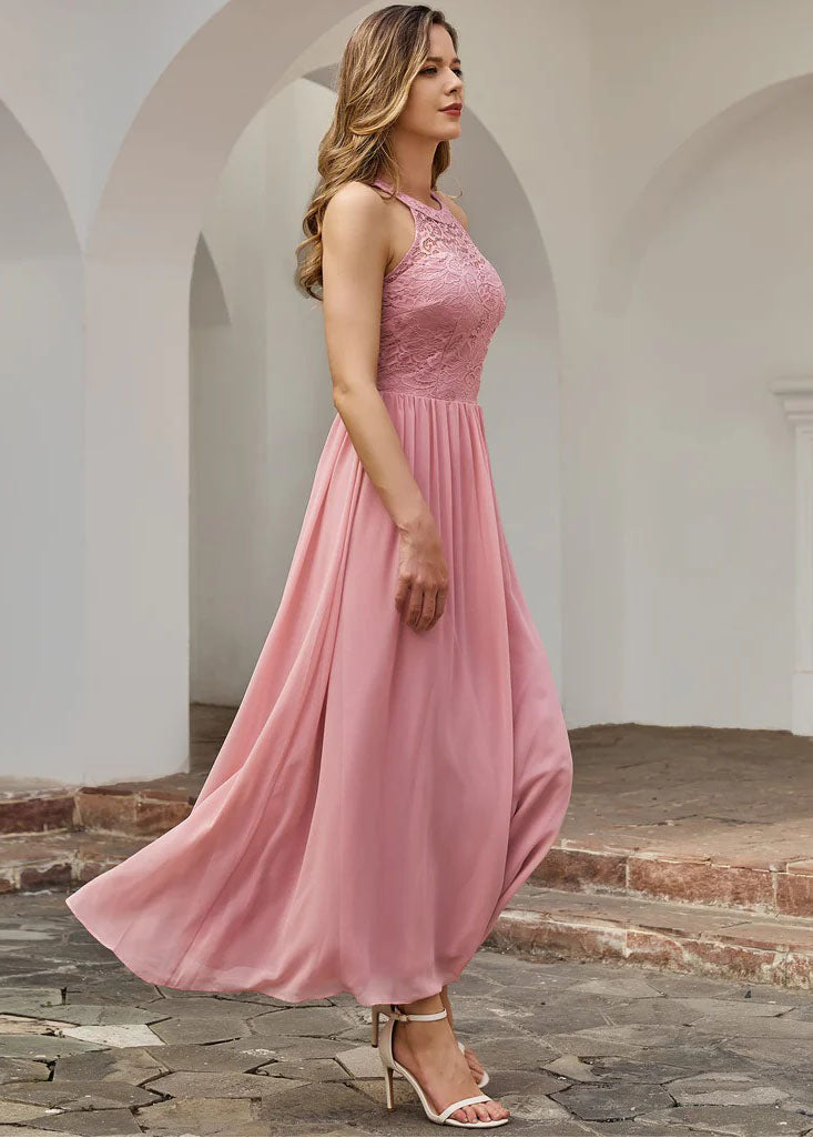 Pūderrozā šifona un mežģīņu kleita (XL)