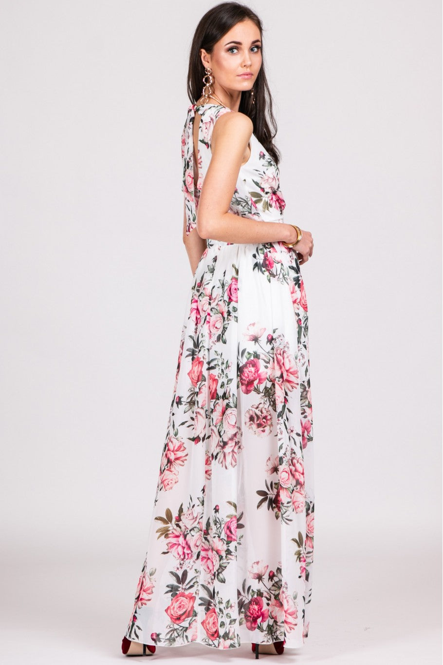 Balta, puķaina maxi kleita (L)