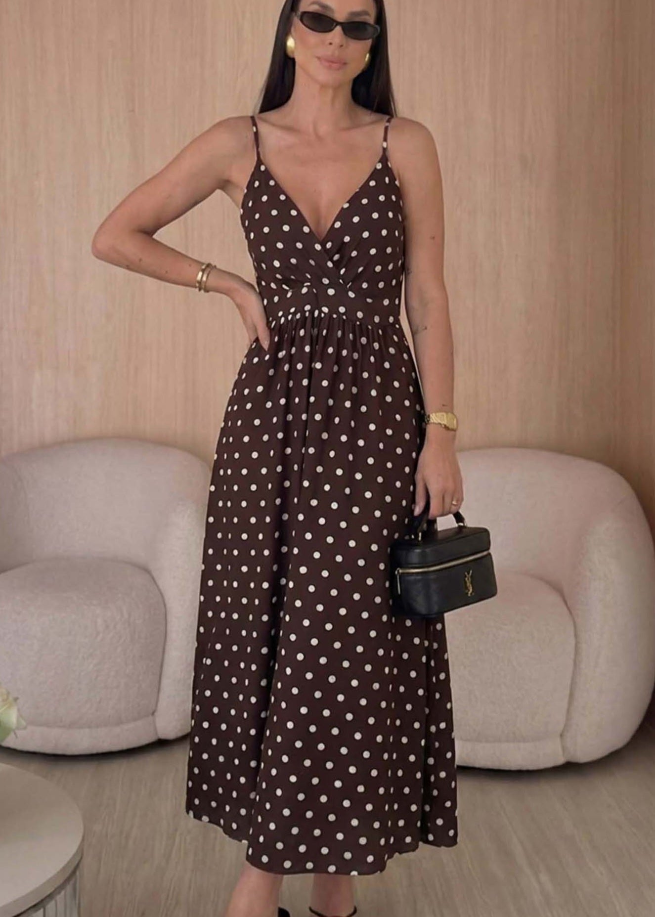 Brūna, punktota garā kleita (One size/XS-M)