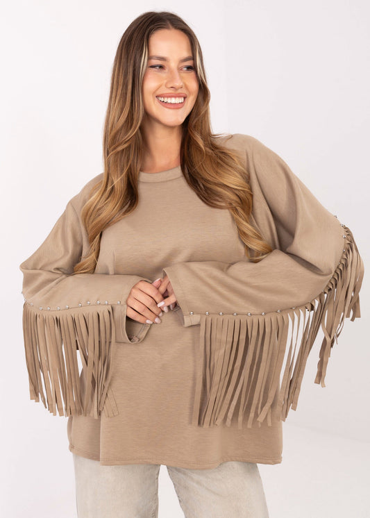 Tumši bēšs džemperis ar bārkstīm (One size/S-XL)