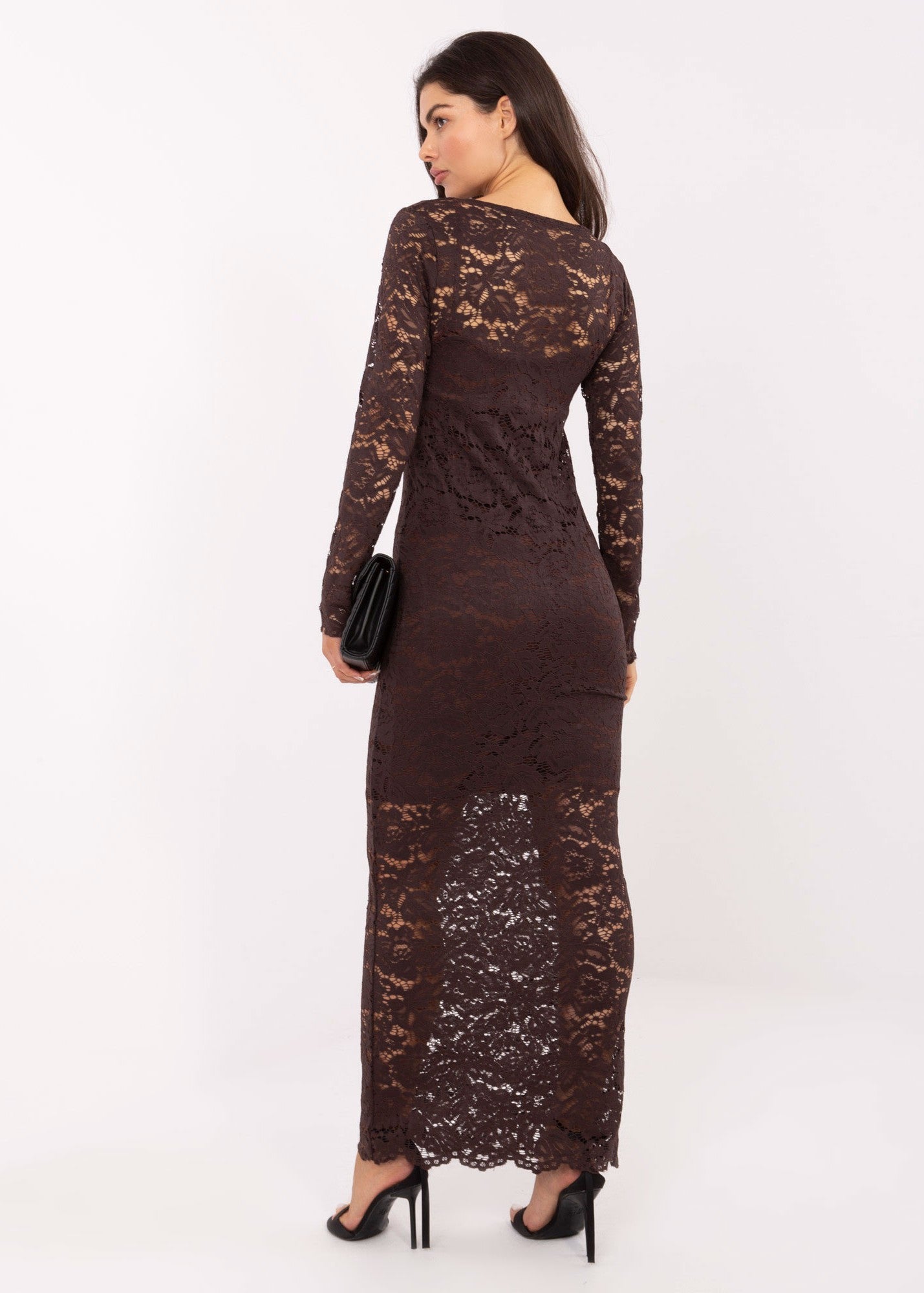 brūna pieguļoša garā mežģīņu kleita