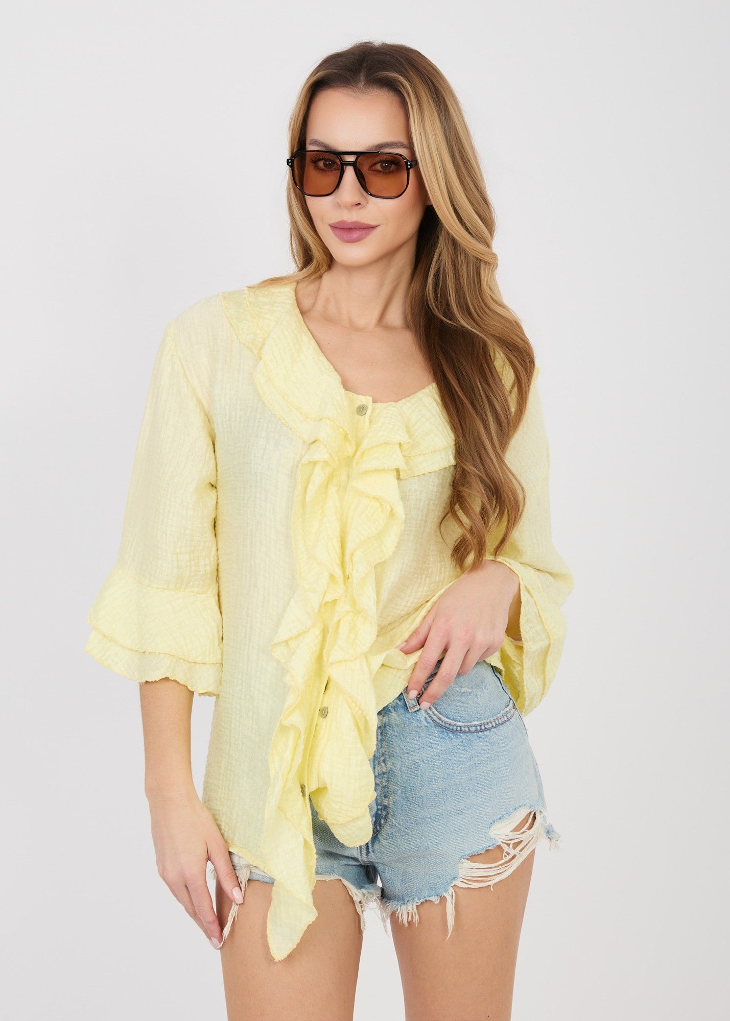 Dzeltena blūze ar volāniem (One size/S-XL)