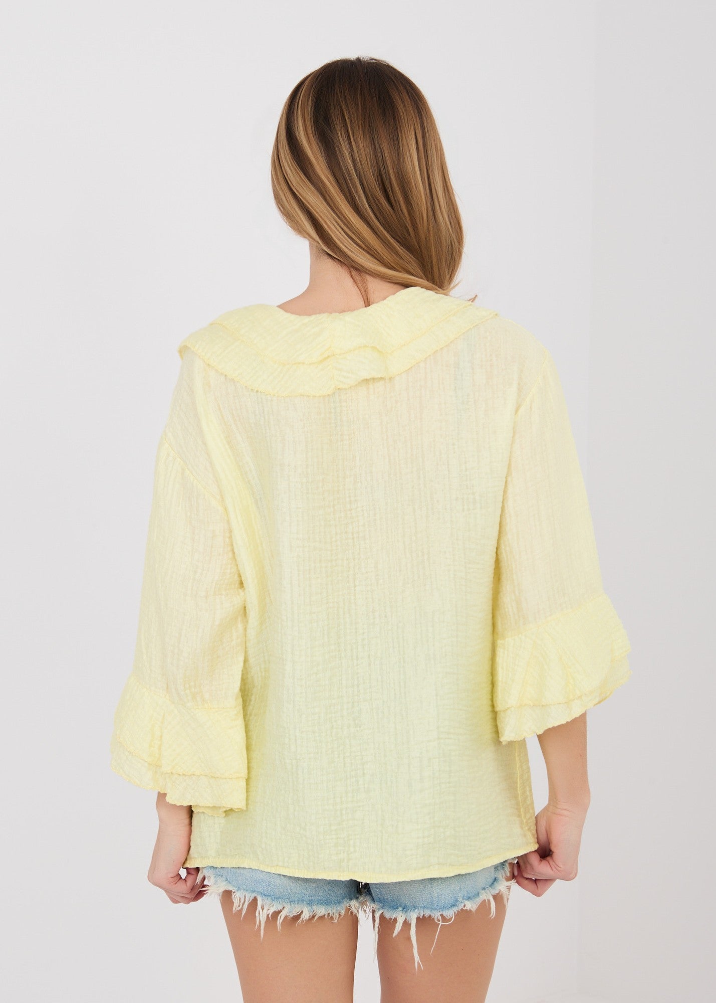 Dzeltena blūze ar volāniem (One size/S-XL)