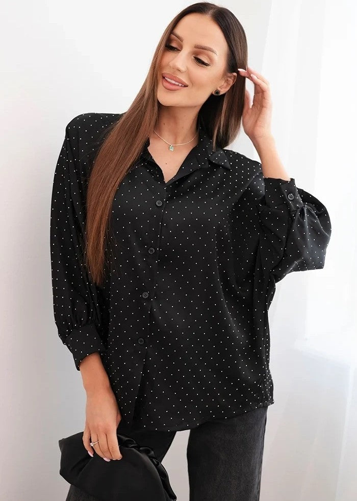 melna spīdīga blūze ar spīdumiem