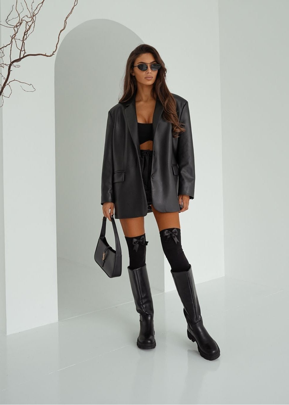 melnas sieviešu kokvilnas garās zeķes ar bantītēm 