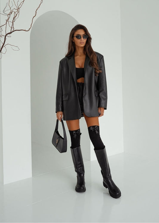 melnas sieviešu kokvilnas garās zeķes ar bantītēm 