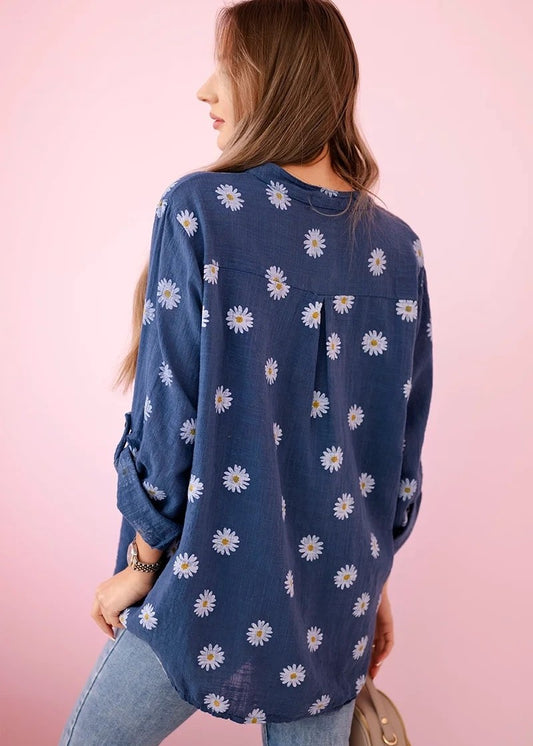 Zila blūze ar ziediem (One size/S-XL)